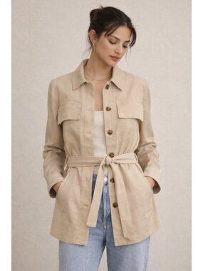 Ann Taylor Weekend Jacket L Beige Utility Belted Lyocell Linen Blend